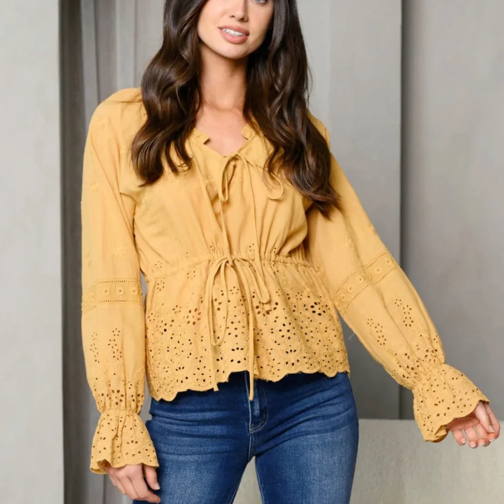 On Twelfth Boho Chic Golden Honey Eyelet Embroidered Detail Long Sleeves Top